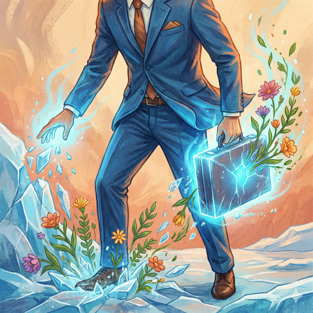 2026년 1월 운세 - 얼어붙은 땅을 깨우고 행운을 가져다줄 블루 수트 조력자 일러스트